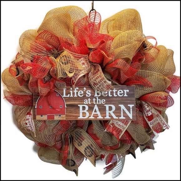 New - Hand Crafted Khaki and Red Deco Mesh Wreath - Picture 2 of 4